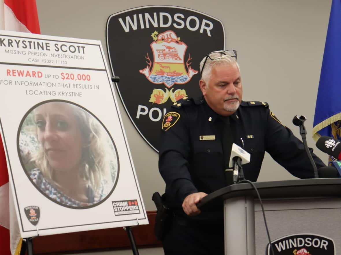 Windsor, Ont., police held a news conference Tuesday to ask for the public's help in finding 30-year-old Krystine Scott, who has been missing since November 2021. (Jennifer La Grassa/CBC - image credit)