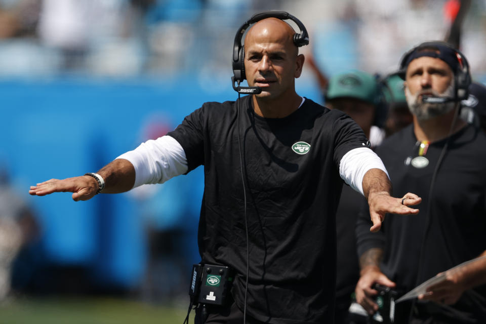 New York Jets head coach Robert Saleh gestures during the first half of an NFL football game against the Carolina Panthers Sunday, Sept. 12, 2021, in Charlotte, N.C. (AP Photo/Nell Redmond)