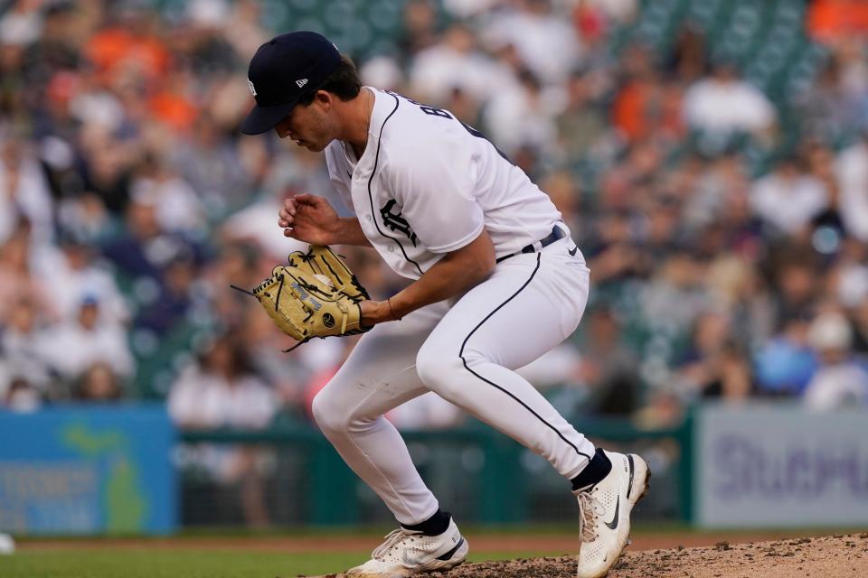 Detroit Tigers starting pitcher Beau Brieske fields the hit back from Colorado Rockies' C.J. Cron during the fourth inning of the second baseball game of a doubleheader, Saturday, April 23, 2022, in Detroit.