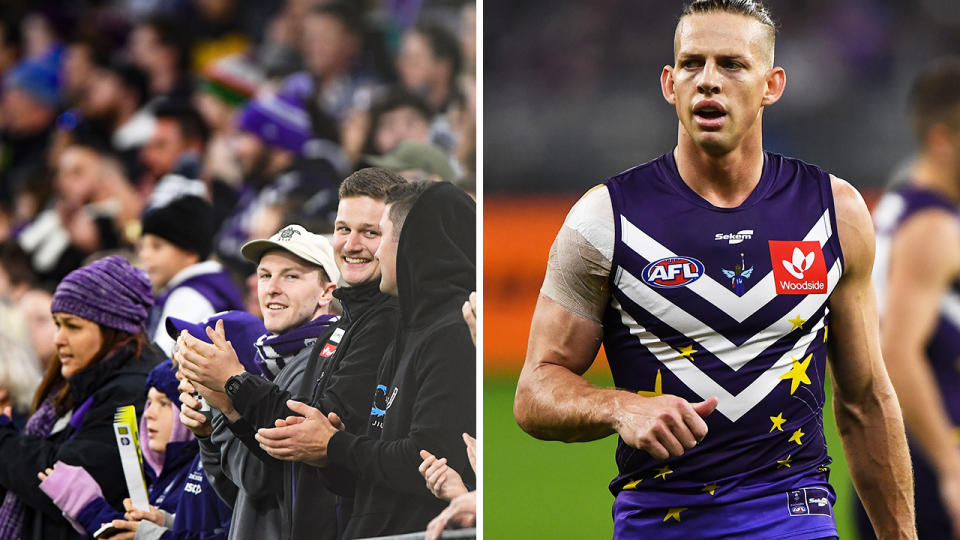 The Fremantle Dockers donned specially designed jumpers in honour of late superfan Milli Lucas on Thursday night, while the Optus Stadium crowd rose in applause at the 14-minute mark of the first quarter. Pictures: Getty Images