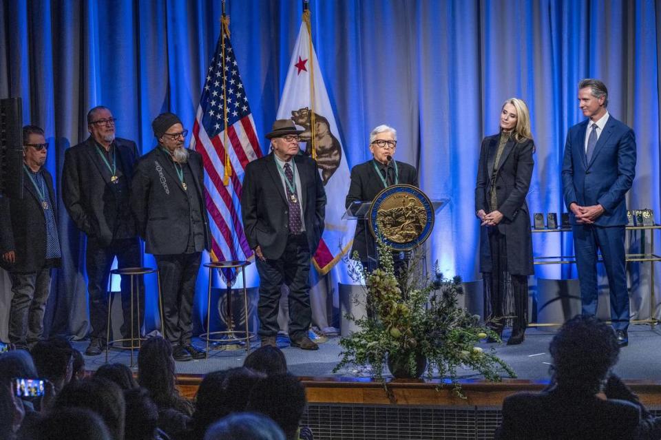 Los Lobos band member Louie Pérez speaks his group was inducted into the California Hall of Fame on Tuesday, Feb. 6, 2024, at the California Museum in Sacramento. Hector Amezcua/hamezcua@sacbee.com