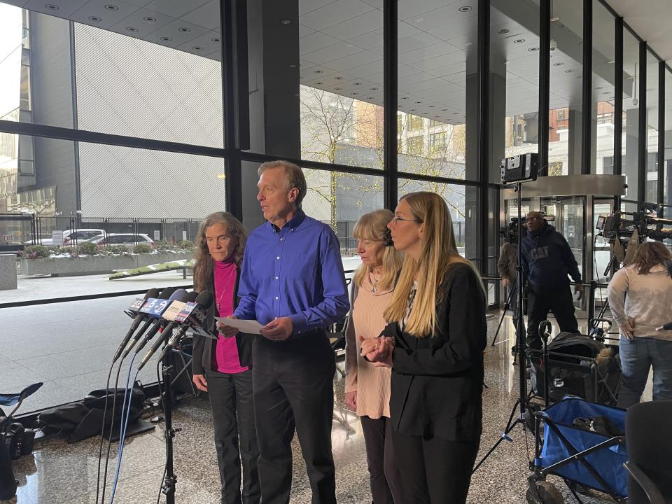 Bill Wiese, the uncle of Heather Mack and brother of Sheila von Wiese-Mack, tell reporters after Mack's sentencing at Dirksen Federal Courthouse in Chicago on Wednesday, Jan. 17, 2024, that he and his wife, left, sister, middle right, and niece feel that justice was served for Wiese-Mack's 2014 murder in Bali. Mack received a 26-year sentence. (AP Photo/Claire Savage)