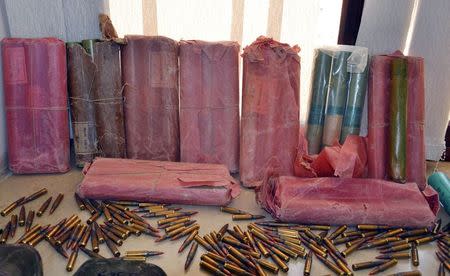 Seized ammunition are displayed at a National Guard post in Medenine March 6, 2015. REUTERS/Stringer