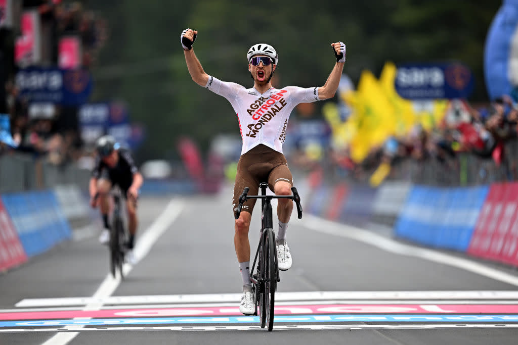  LAGO LACENOBAGNOLI IRPINO ITALY  MAY 09 Aurlien ParetPeintre of France and AG2R Citron Team celebrates at finish line as stage winner ahead of Andreas Leknessund of Norway and Team DSM during the 106th Giro dItalia 2023 Stage 4 a 175km stage from Venosa to Lago Laceno 1059m  Bagnoli Irpino  UCIWT  on May 09 2023 in Bagnoli Irpino Italy Photo by Stuart FranklinGetty Images 