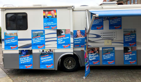 Election campaign bus of Germany's far-right Alternative for Deutschland (AfD) in Frankfurt Oder, Germany, September 11, 2017. Picture taken September 11, 2017.REUTERS/Michelle Martin