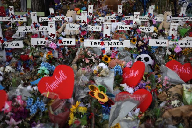 Wooden crosses are placed at a memorial dedicated to the victims of the mass shooting at Robb Elementary School in Uvalde, Texas. Nineteen students and two teachers were killed in the May 24 attack. (Photo: Alex Wong via Getty Images)
