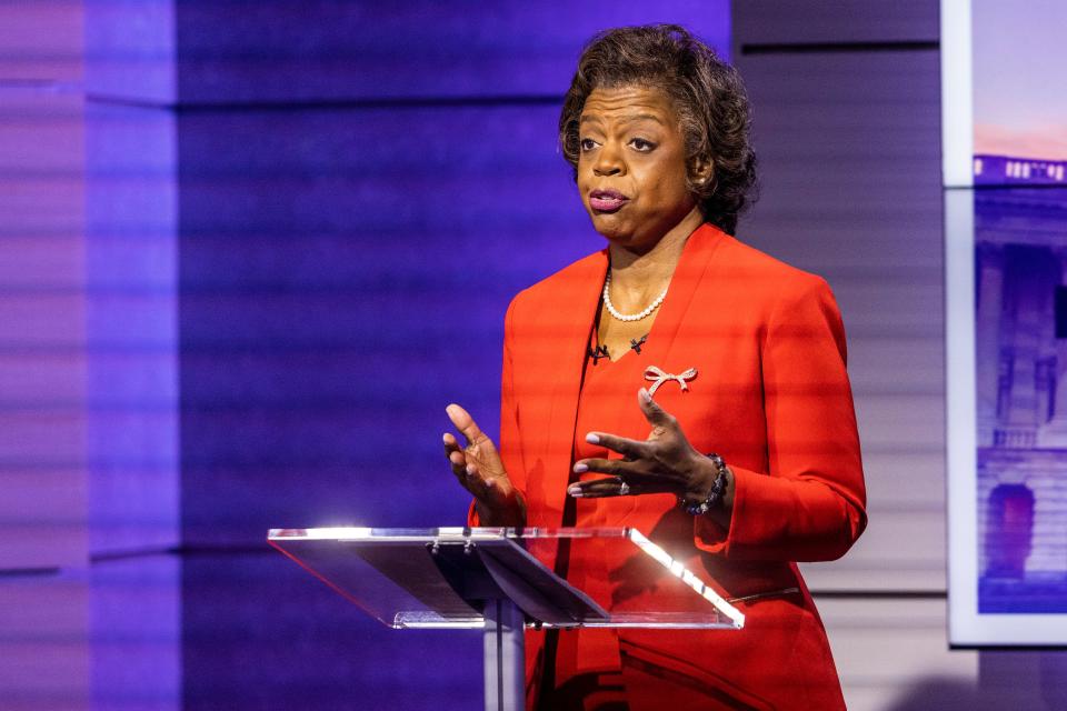 Democratic candidate for U.S. Senate Cheri Beasley answers a question during a televised debate with Republican challenger U.S. Rep. Ted Budd, R-N.C., Friday, Oct. 7, 2022, at Spectrum News 1 studio in Raleigh, N.C. (Travis Long/The News & Observer via AP, Pool)