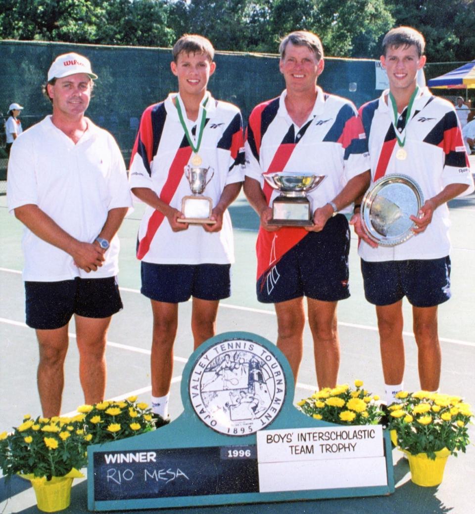 Ojai Valley Tournament Committee's Thane Pope, Mike Bryan, Rio Mesa head coach Steve Worthington and Bob Bryan pose after the Bryan brothers helped Rio Mesa win the Boys' CIF Team title at the Ojai Tennis Tournament in 1996.