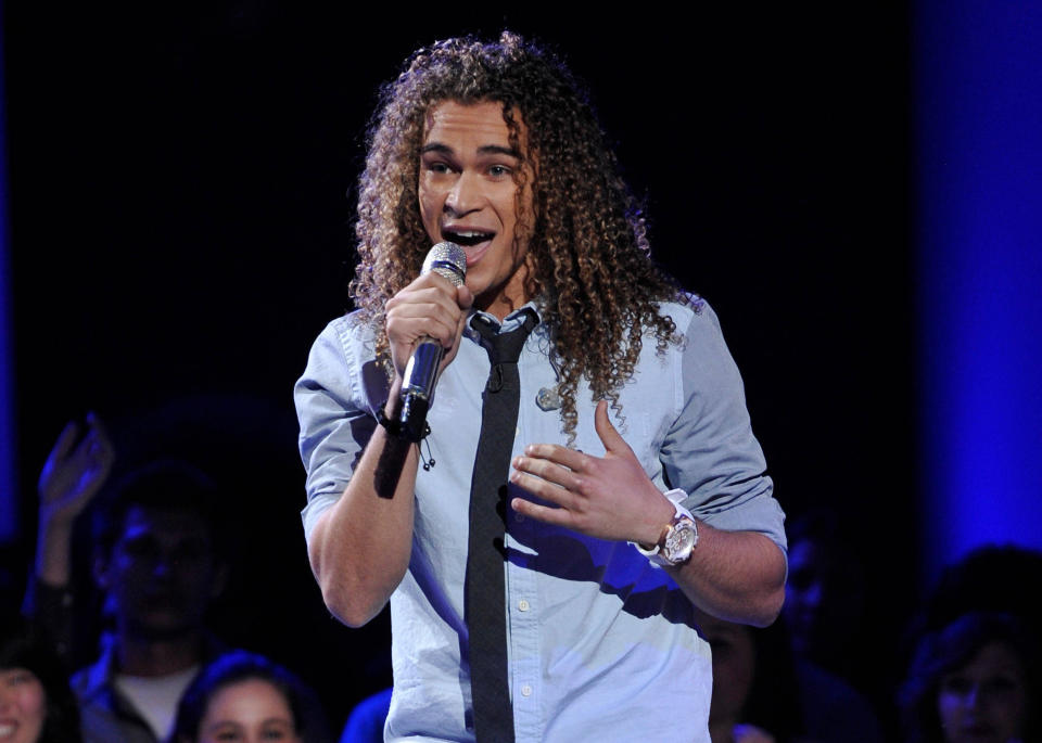 In this April 4, 2012 photo released by Fox, DeAndre Brackensick performs on the singing competition series "American Idol," in Los Angeles. (AP Photo/Fox, Michael Becker)