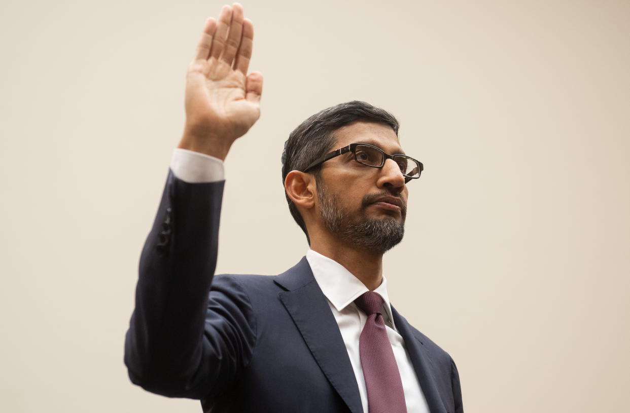 Google CEO Sundar Pichai is sworn in as he testifies during a House Judiciary Committee hearing on Capitol Hill in Washington, DC, December 11, 2018. - Google chief executive Sundar Pichai will be grilled by US lawmakers over allegations of "political bias" by the internet giant, concerns over data security and its domination of internet search. (Photo by SAUL LOEB / AFP)        (Photo credit should read SAUL LOEB/AFP via Getty Images)