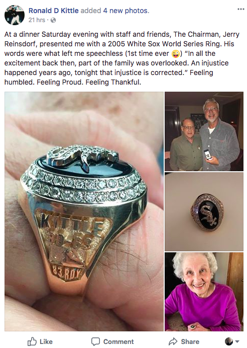 Ron Kittle received a 2005 World Series ring from the White Sox. (Screenshot via Ron Kittle’s Facebook page)