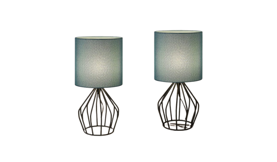 Pair of wire base lamps with blue shades. 