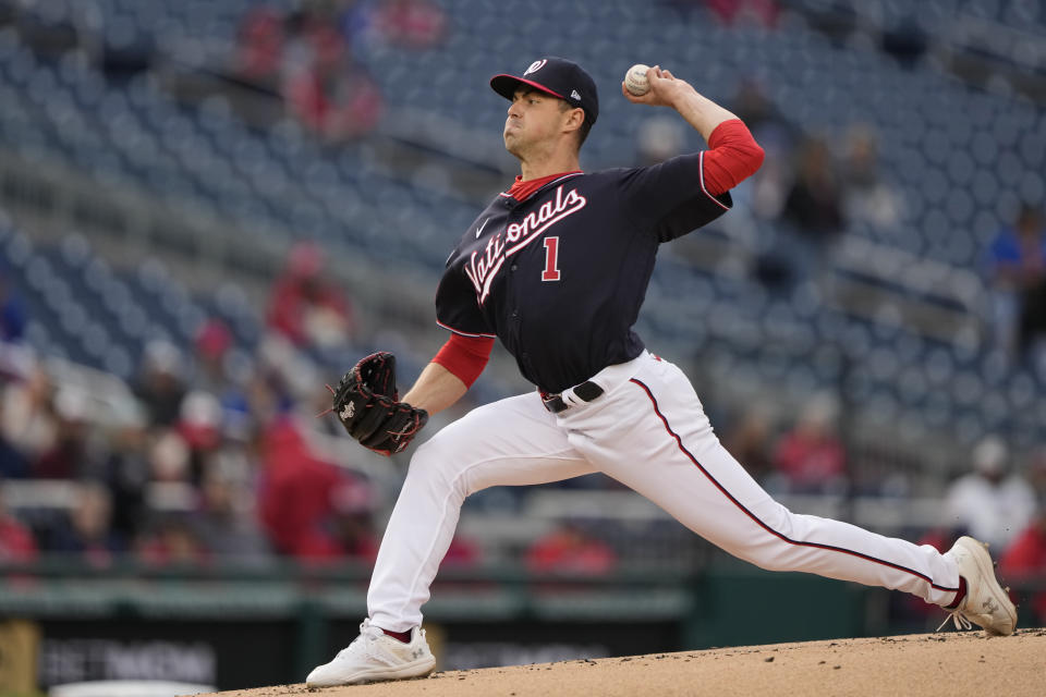 Washington Nationals starting pitcher MacKenzie Gore throws during the first inning of a baseball game against the Chicago Cubs in Washington, Monday, May 1, 2023. (AP Photo/Manuel Balce Ceneta)