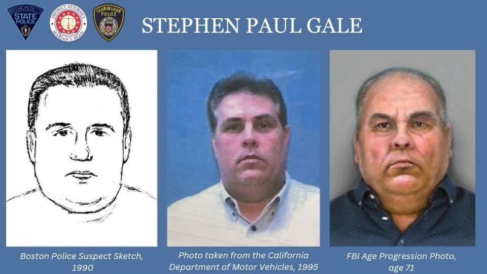 From left, a sketch done by the Boston Police Department of the assailant in a 1989 rape case in Framingham; a 1995 photo of Stephen Paul Gale taken from the California Department of Motor Vehicles; and an image of Gale created by the FBI that estimates what he may look like today. An arrest warrant has been issued for Gale in the 1989 rapes of two women inside a Framingham retail store.