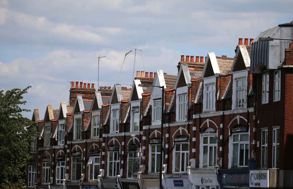 A row of terraced residential houses in north London. Chancellor Rishi Sunak has confirmed temporary plans to abolish stamp duty on properties up to 500,000 GBP in England and Northern Ireland as part of a package to dull the economic impact of the coronavirus. Picture date: Sunday July 12, 2020.