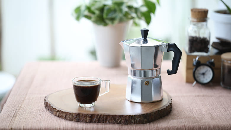 Moka pot and coffee cup