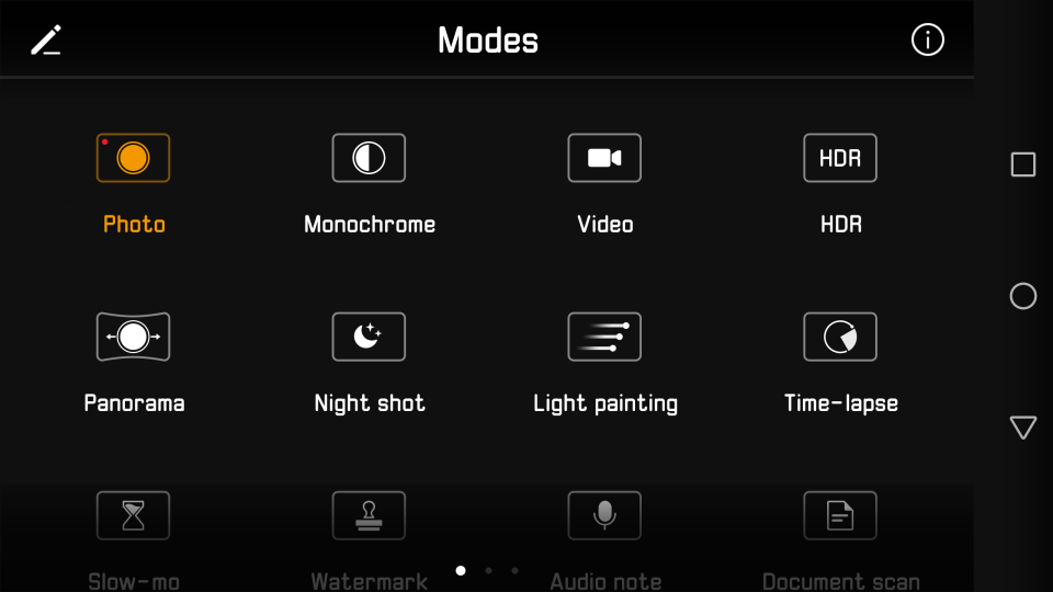 Available shooting modes. The 