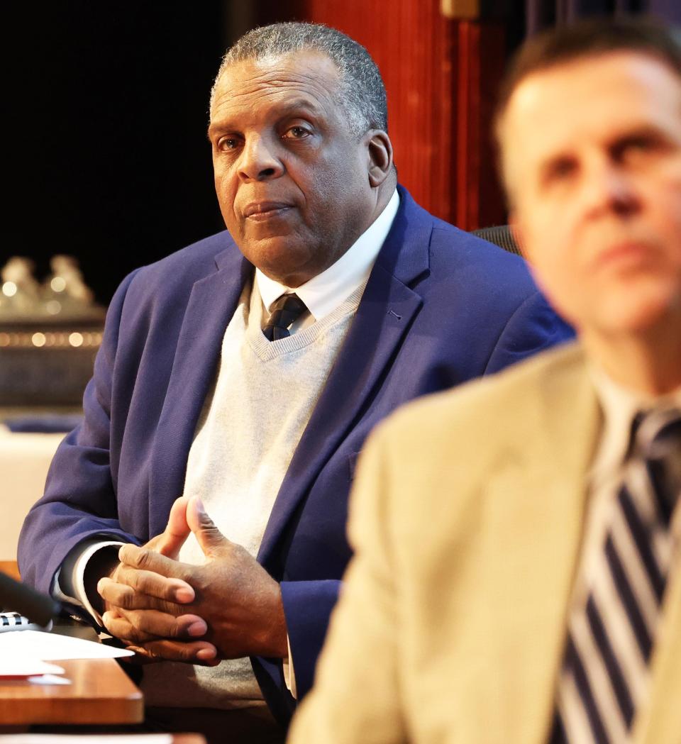 From left, Acting Superintendent of Brockton Public Schools James Cobbs and Mayor Robert Sulllivan at a School Committee meeting on Tuesday, Feb. 6, 2024