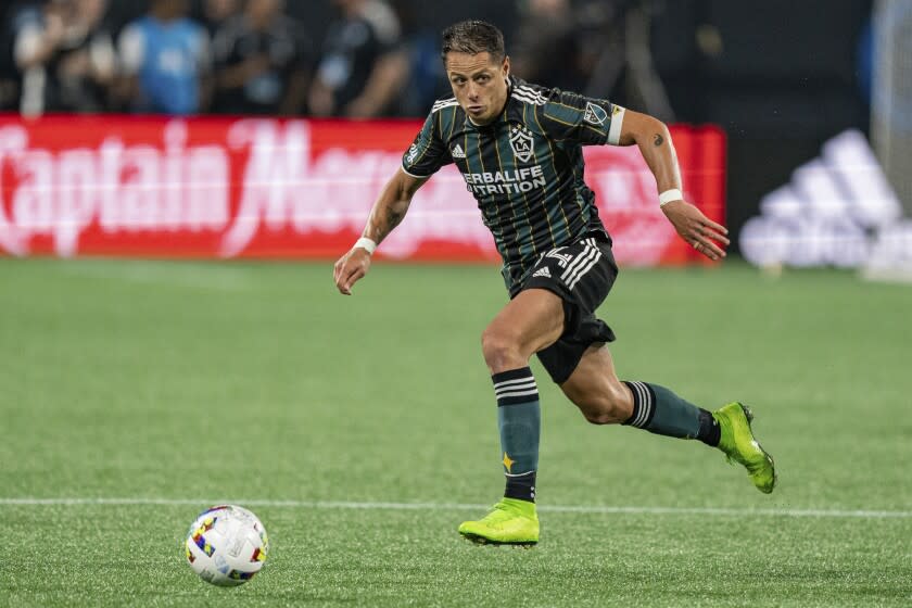 LA Galaxy forward Javier Hernandez (14) plays against the Charlotte FC.