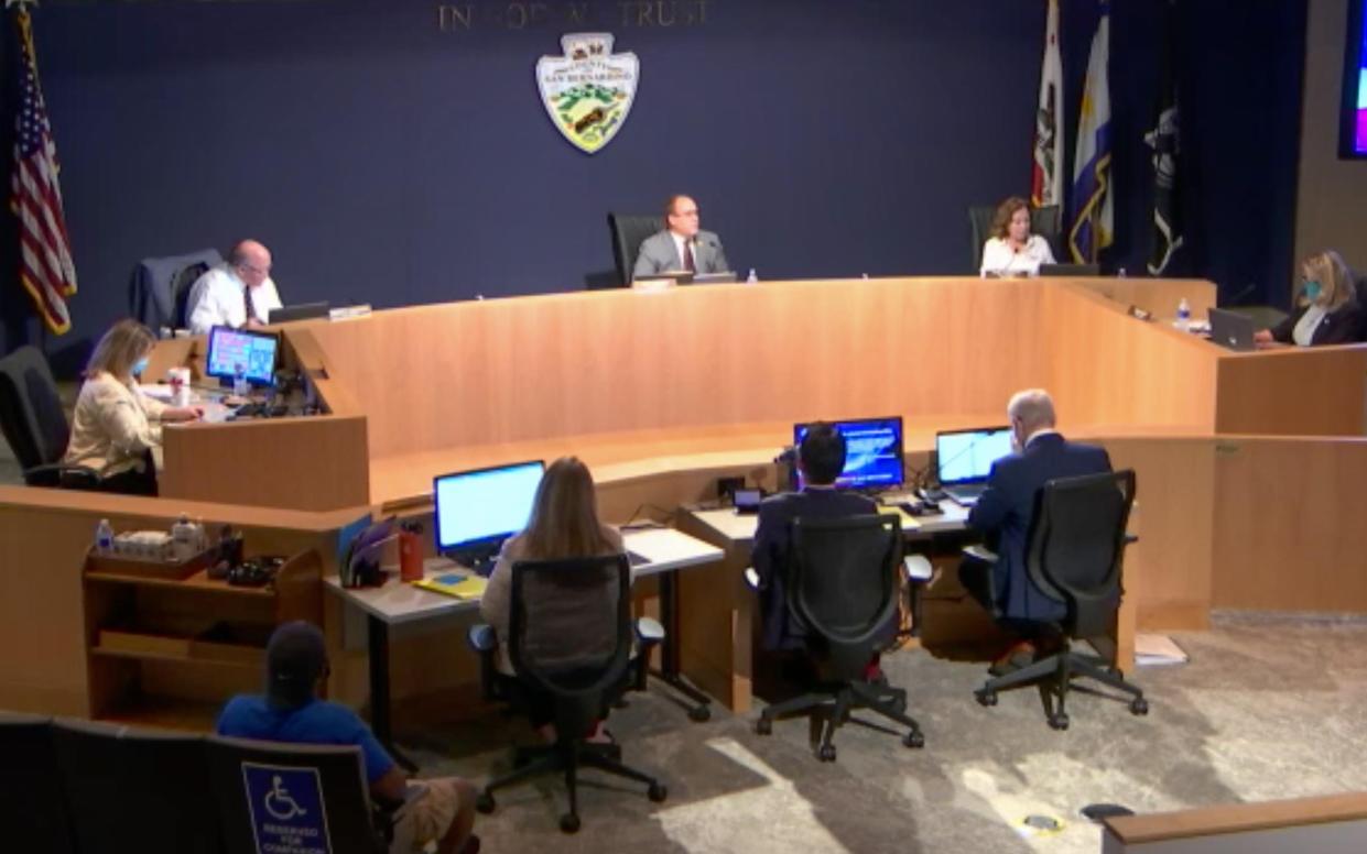 The San Bernardino County Board of Supervisors during a meeting in June 2020.