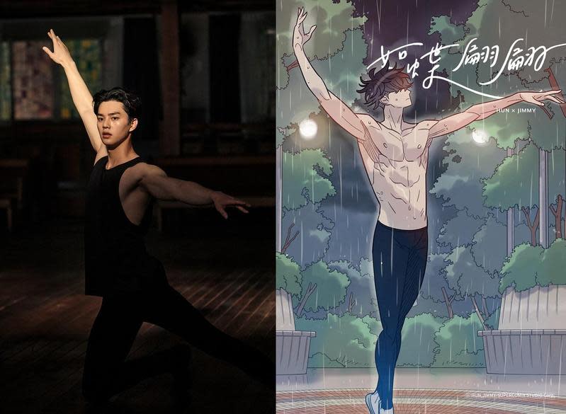 宋江在同名網路漫畫改編的電視劇《如蝶翩翩》中飾演天才芭蕾少年，為了角色苦練芭蕾，連肌肉也神同步漫畫男主角。（左圖Netflix提供，右圖Kakao Entertainment提供）