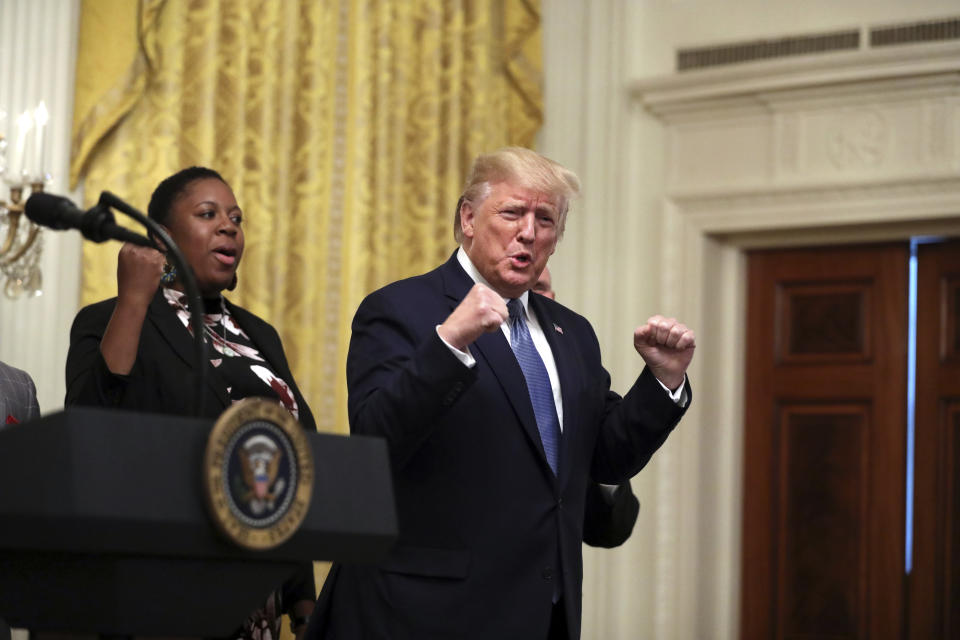 President Donald Trump arrives to the Young Black Leadership Summit at the White House in Washington, Friday, Oct. 4, 2019. (AP Photo/Carolyn Kaster)