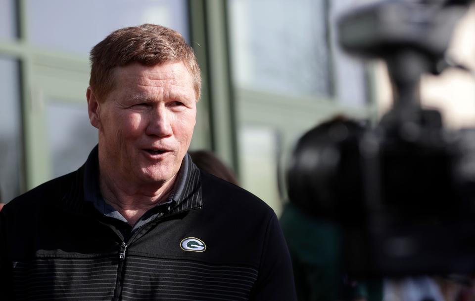 Green Bay Packers president and CEO Mark Murphy speaks to media Tuesday outside Lambeau Field before the start of the team's annual Tailgate Tour.