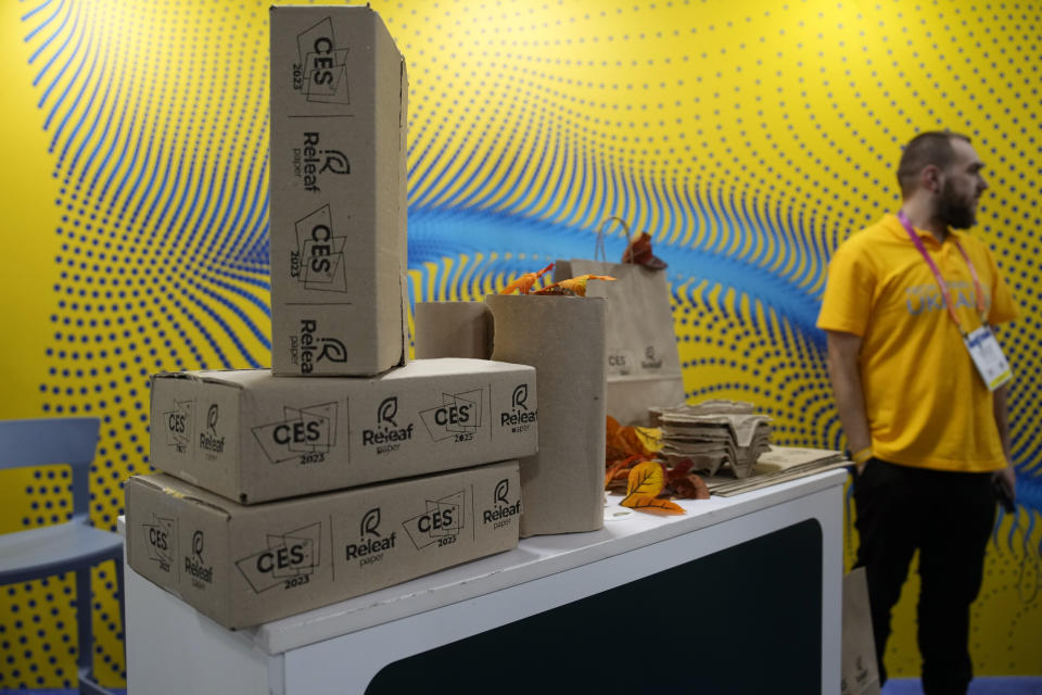 Packaging made from leaves is on display at the Releaf Paper booth during the CES tech show Thursday, Jan. 5, 2023, in Las Vegas. (AP Photo/John Locher)