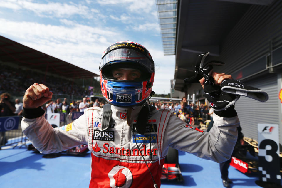 SPA, BELGIUM - SEPTEMBER 02: Jenson Button of Great Britain and McLaren celebrates in parc ferme after winning the Belgian Grand Prix at the Circuit of Spa Francorchamps on September 2, 2012 in Spa Francorchamps, Belgium. (Photo by Mark Thompson/Getty Images)