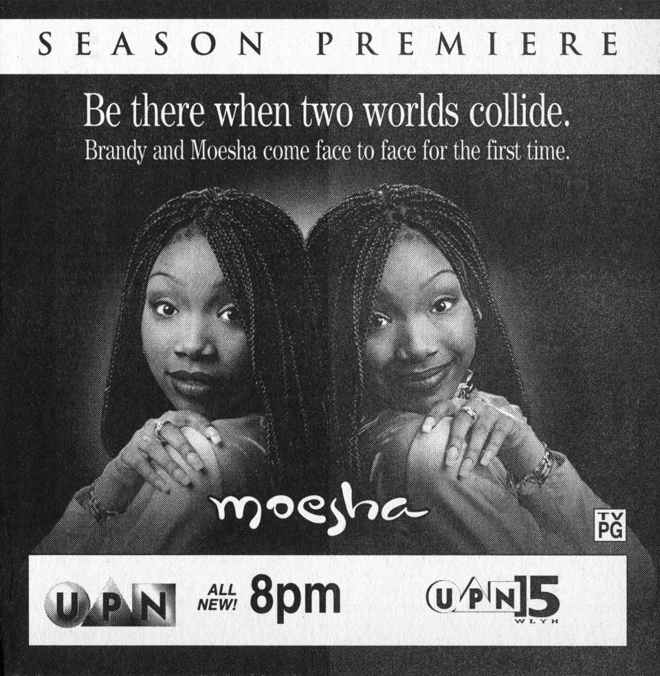 A TV Guide for "Moesha" promoting the new season premiere with the text "be there when two worlds collide. Brandy and Moesha come face to face for the first time" written on it