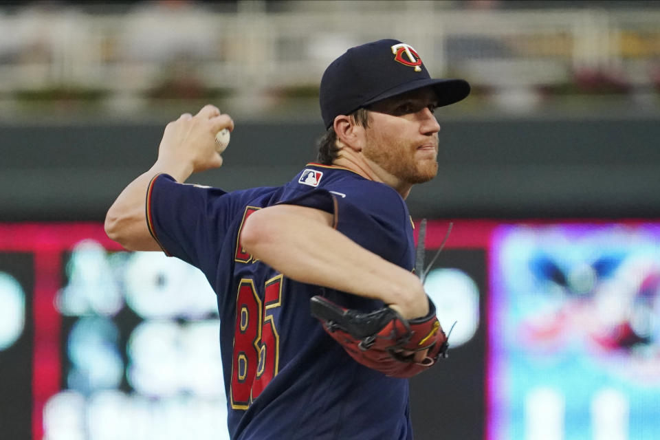 Minnesota Twins pitcher Charlie Barnes throws against the Detroit Tigers in the first inning of a baseball game, Tuesday, Sept. 28, 2021, in Minneapolis. (AP Photo/Jim Mone)