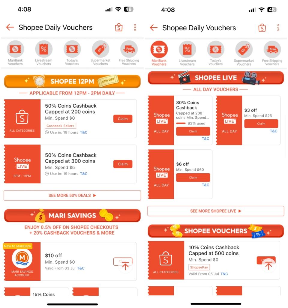 a screenshot of the vouchers page showing cashback vouchers for shopee coins on the shopee app