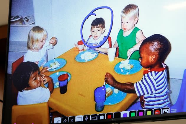 Cruz, circled in blue, is shown sitting with classmates in an undated photo from the Young Minds Learning Center as Anne Marie Fischer, the school's former director, testified during the penalty phase of Cruz's trial on Tuesday. (Photo: via Associated Press)