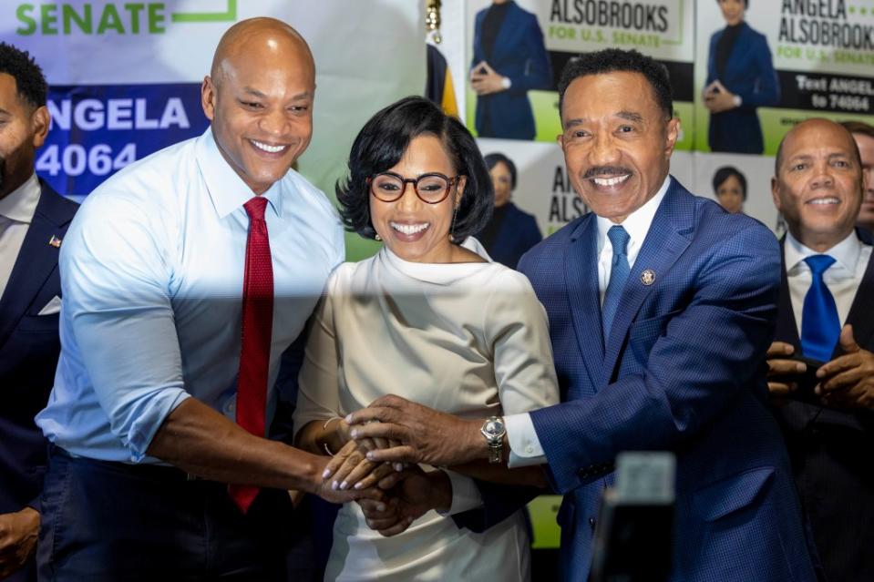BALTIMORE, MD – OCTOBER 23: From left, Maryland governor Wes Moore, Angela Alsobrooks and Rep. Kweisi Mfume, D-Maryland, stand together during a campaign event for Alsobrooks’ run for Maryland’s open U.S. Senate seat at Monument City Brewing Company in Baltimore, Maryland, on October 23, 2023.(Amanda Andrade-Rhoades/For The Washington Post via Getty Images)