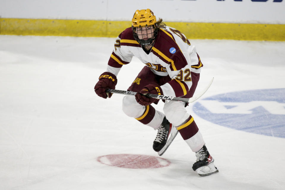 Logan Cooley will make the jump to the NHL next season. (AP Photo/Andy Clayton-King)