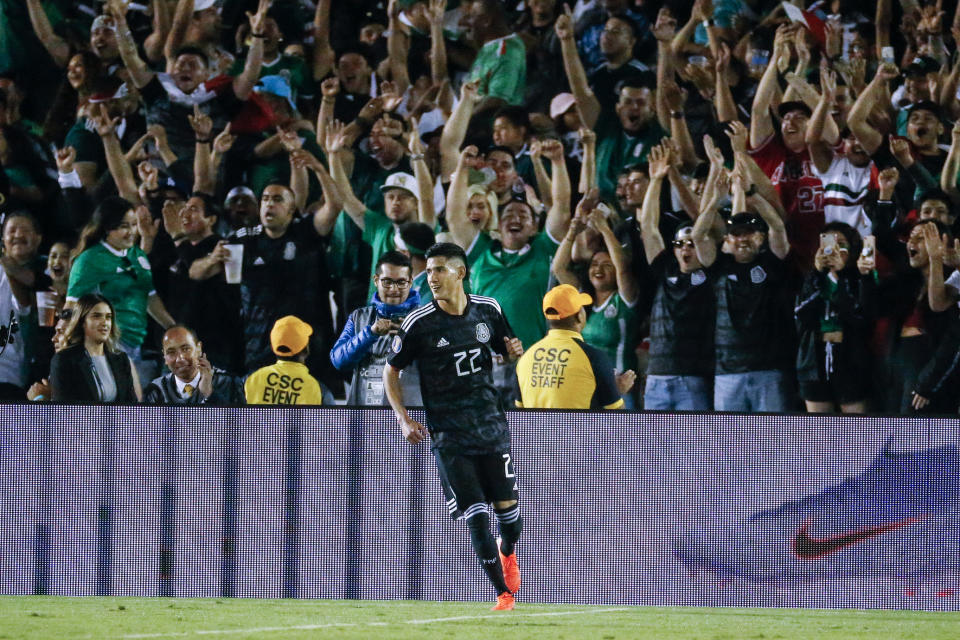CORRECT TO URIEL ANTUNA, INSTEAD OF JORGE SANCHEZ - Mexico's Uriel Antuna celebrates his goal against Cuba during the second half of a CONCACAF Gold Cup soccer match in Pasadena, Calif., Saturday, June 15, 2019. Mexico won 7-0. (AP Photo/Ringo H.W. Chiu)