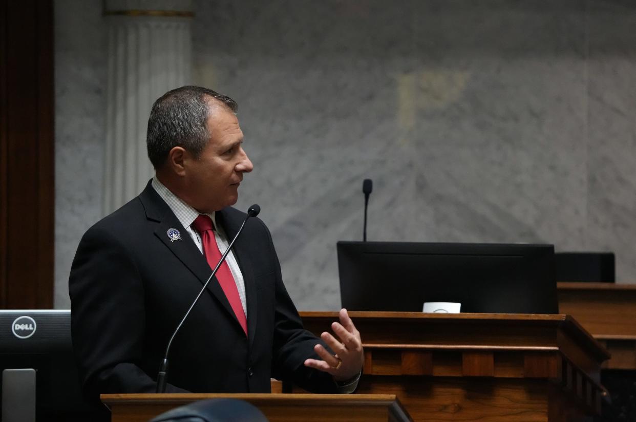 Sen. David Niezgodski speaks during special session Saturday, July 30, 2022, at the Indiana Statehouse in Indianapolis. The Senate voted to pass Senate Bill 1, 26-20. The bill would ban most abortions in the state and moves on to the House. 