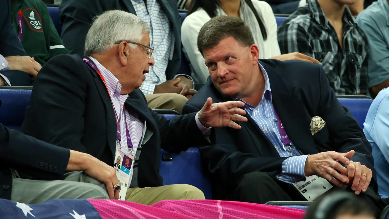 LONDON, ENGLAND - AUGUST 08:  (L-R) NBA Commissioner David Stern talks with Oklahoma City Thunder owner Clayton Bennett as the United States takes on Australia during the Men's Basketball quaterfinal game on Day 12 of the London 2012 Olympic Games at North Greenwich Arena on August 8, 2012 in London, England.