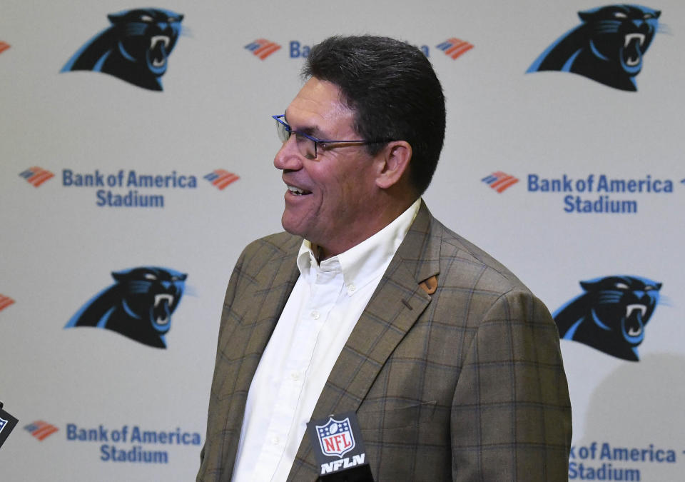 Former Carolina Panthers head coach Ron Rivera laughs at a question from the media during a press conference at Bank of America Stadium in Charlotte, NC on Wednesday, December 4, 2019. Rivera was fired as coach on Tuesday.(David T. Foster III/The Charlotte Observer via AP)