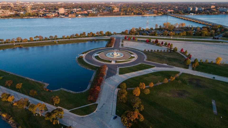 Aerial of James Scott Memorial Fountain on Belle Isle in Detroit on Tuesday, Oct. 24, 2023.