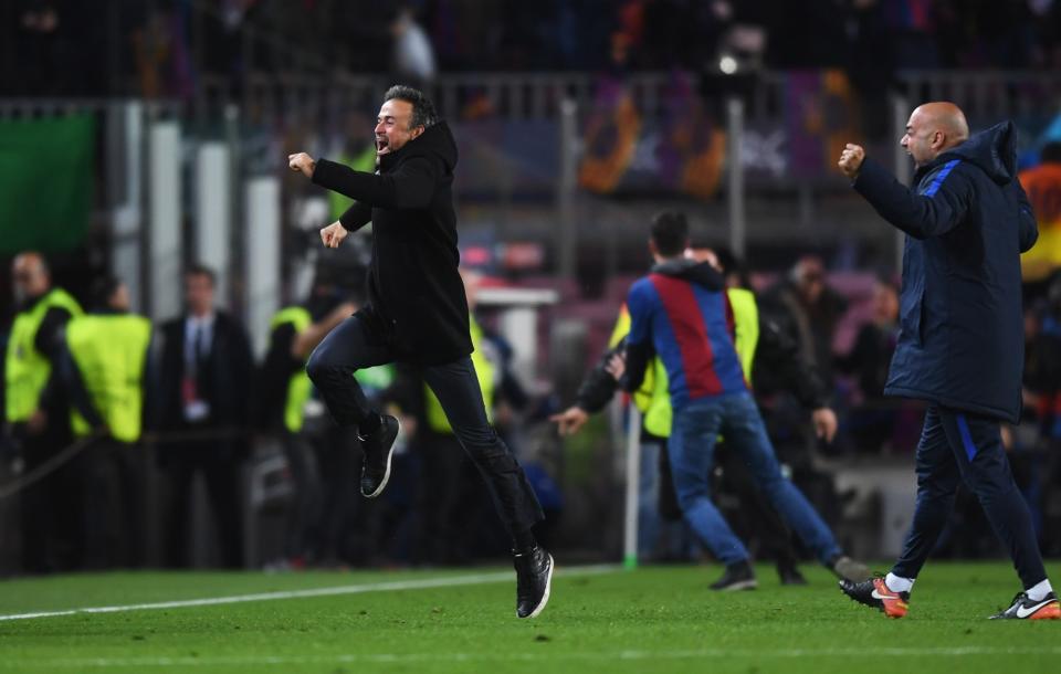 <p>Luis Enrique manager of Barcelona celebrates as Sergi Roberto of Barcelona scores their sixth goal during the UEFA Champions League Round of 16 second leg match between FC Barcelona and Paris Saint-Germain at Camp Nou on March 8, 2017 in Barcelona, Spain. (Photo by Michael Regan/Getty Images) </p>