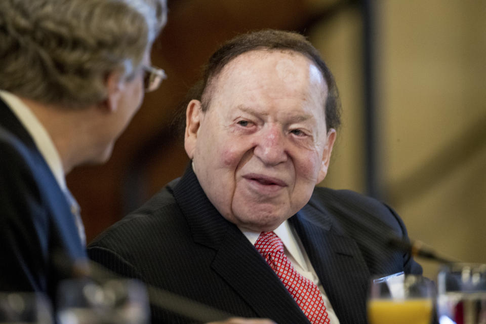 FILE - This Feb. 10, 2017 file photo, Chief Executive of Las Vegas Sands Corporation Sheldon Adelson shows at a business roundtable with Japanese Prime Minister Shinzo Abe at the U.S. Chamber of Commerce in Washington. Adelson, the billionaire mogul and power broker who built a casino empire spanning from Las Vegas to China and became a singular force in domestic and international politics has died after a long illness, his wife said Tuesday, Jan. 12, 2021. (AP Photo/Andrew Harnik, File)