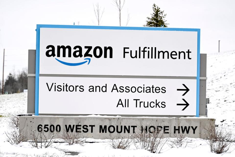 The sign at the entrance to the Amazon fulfillment center on Wednesday, Jan. 10, 2024, in Delta Township.