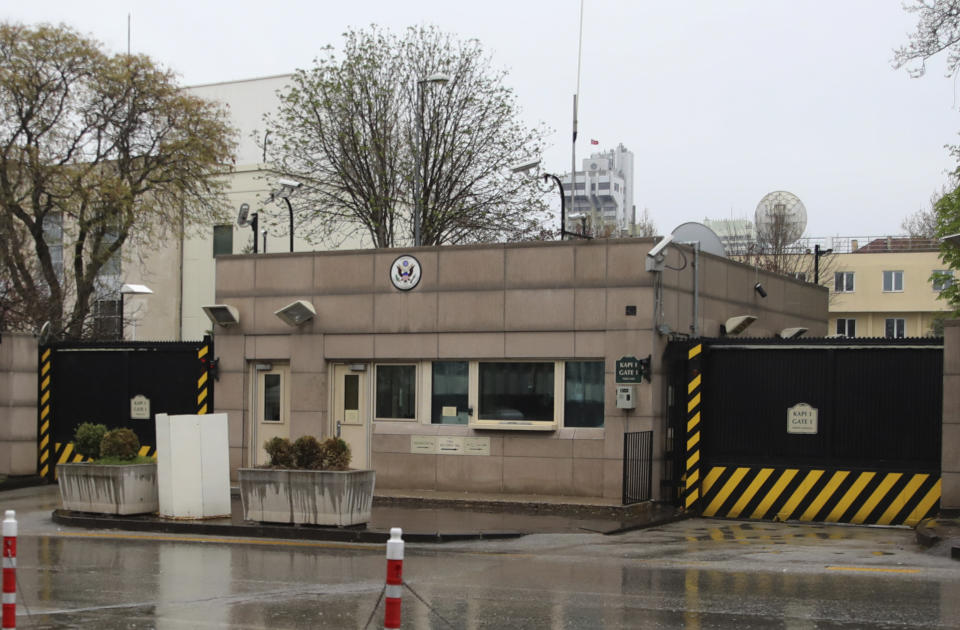 A view of the United States embassy in Ankara, Turkey, Sunday, April 25, 2021. Turkey's foreign ministry has summoned the U.S. Ambassador in Ankara to protest the U.S. decision to mark the deportation and killing of Armenians during the Ottoman Empire as "genocide." On Saturday, U.S. President Joe Biden followed through on a campaign promise to recognize the events that began in 1915 and killed an estimated 1.5 million Ottoman Armenians as genocide. (AP Photo/Burhan Ozbilici)