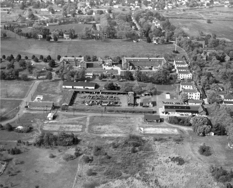 An undated aerial view of the Governor Bacon Health Center at Fort DuPont. The facility treated "socially and emotionally disturbed" children from 1948 to 1984.