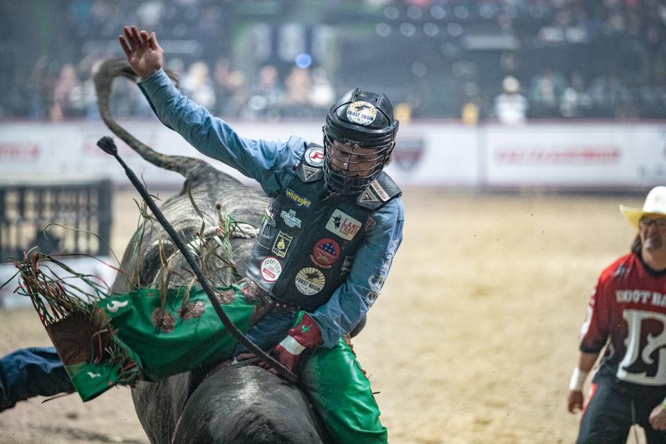Forty-five riders compete at the Professional Bull Riding Pendleton Whisky Velocity Tour Finals at American Bank Center on May 6, 2022, in Corpus Christi, Texas.