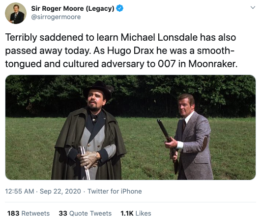 Sir Roger Moore’s Twitter account paid tribute to Lonsdale. Photo: Twitter/sirrogermoore.