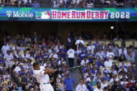 American League's Julio Rodriguez, of the Seattle Mariners, bats during the MLB All-Star baseball Home Run Derby, Monday, July 18, 2022, in Los Angeles. (AP Photo/Mark J. Terrill)