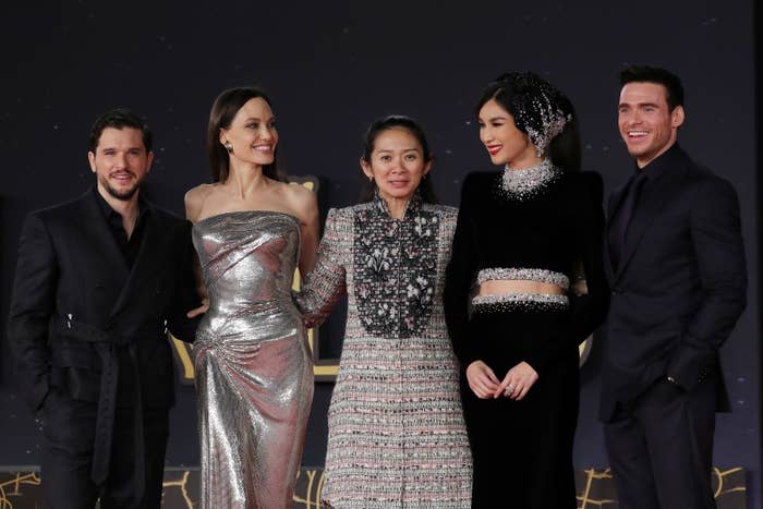 Here she is looking radiant beside Eternals co-stars Kit Harington, Gemma Chan, and Richard Madden, plus Chloé.