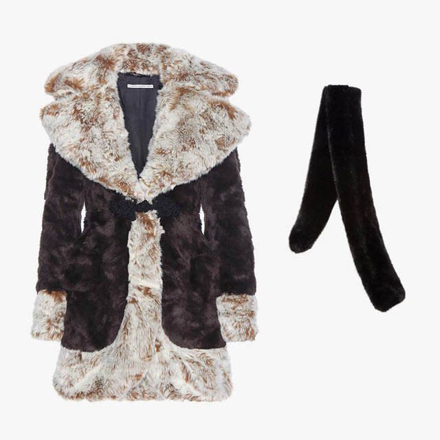 <p>Alessandra Rich faux fur coat, $2,015, <a rel="nofollow noopener" href="http://rstyle.me/n/b585vrbpgif?mbid=synd_yahoolife" target="_blank" data-ylk="slk:mytheresa.com;elm:context_link;itc:0;sec:content-canvas" class="link ">mytheresa.com</a>; Carven faux fur scarf, $190, <a rel="nofollow noopener" href="http://rstyle.me/n/b585xwbpgif?mbid=synd_yahoolife" target="_blank" data-ylk="slk:saksfifthavenue.com;elm:context_link;itc:0;sec:content-canvas" class="link ">saksfifthavenue.com</a></p>